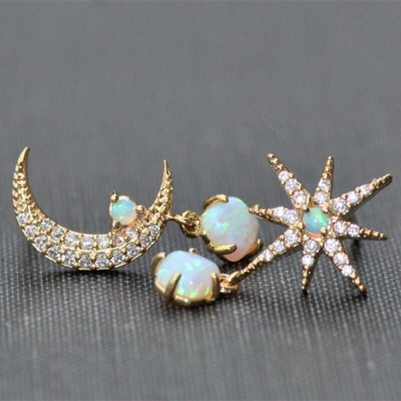 Opal and Gold Earrings Moon and Star