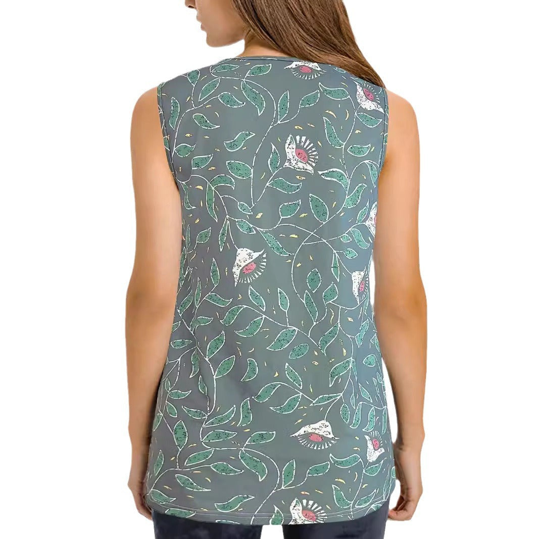Women's sleeveless top with floral pattern and decorative collar WW