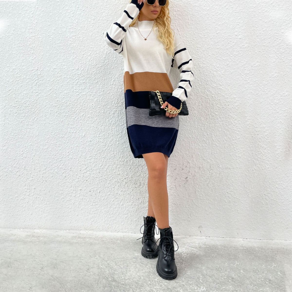 Women's knitted dress with fashionable striped pattern and comfortable round neck WW