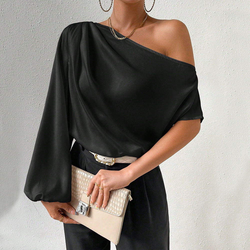 Women's asymmetric top with elegant puff sleeves and ruffles W&W