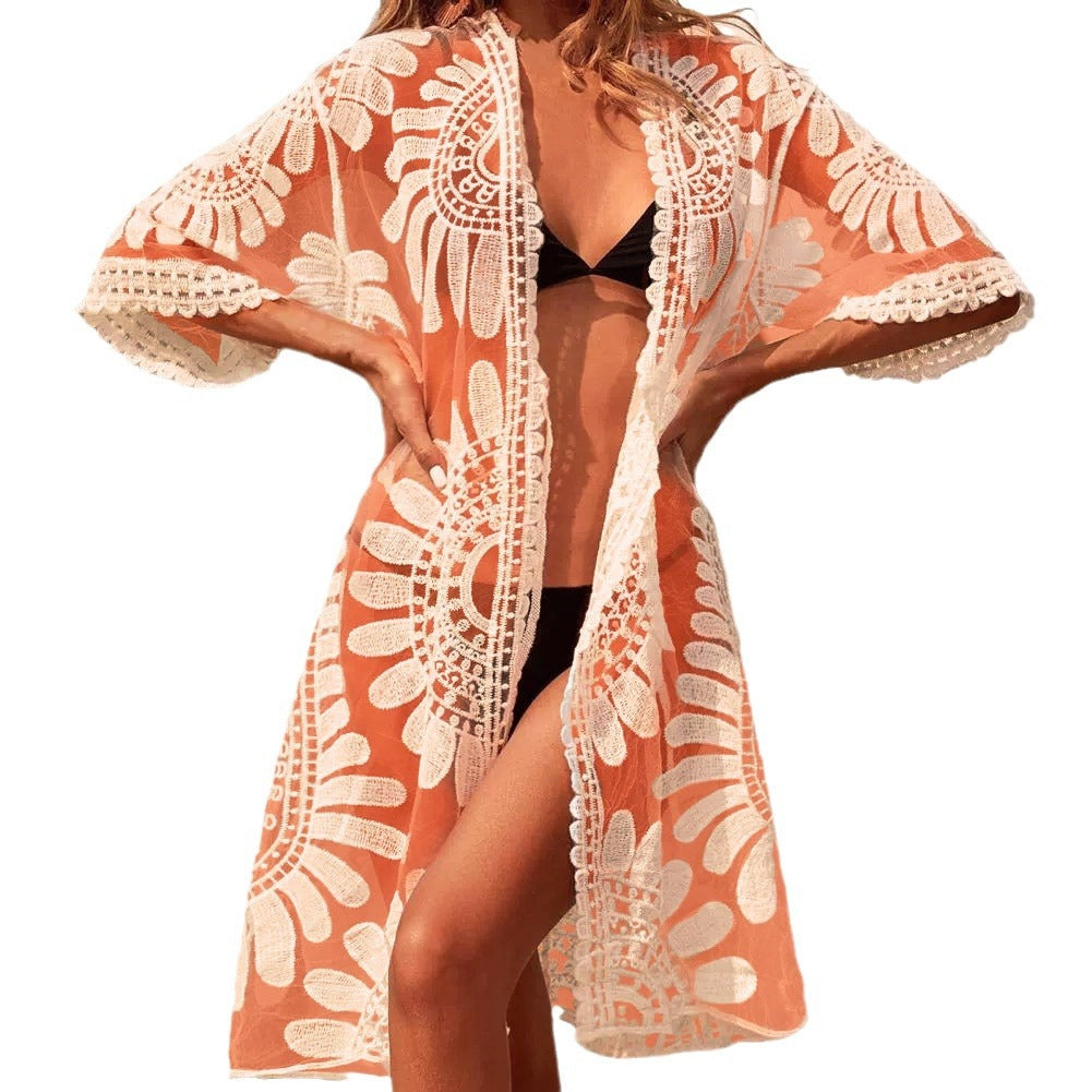 Women's beach kimono with artistic crochet pattern
