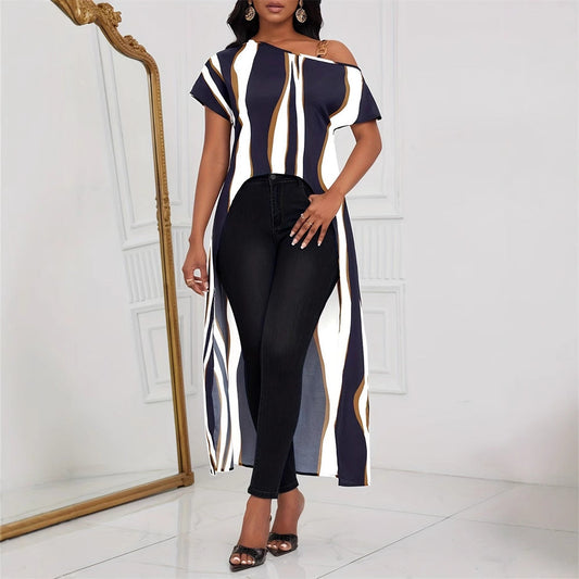 Women's asymmetric top with side slit and fashionable striped pattern W&W