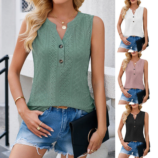 Women's sleeveless blouse shirt with decorative hole pattern and button placket WW