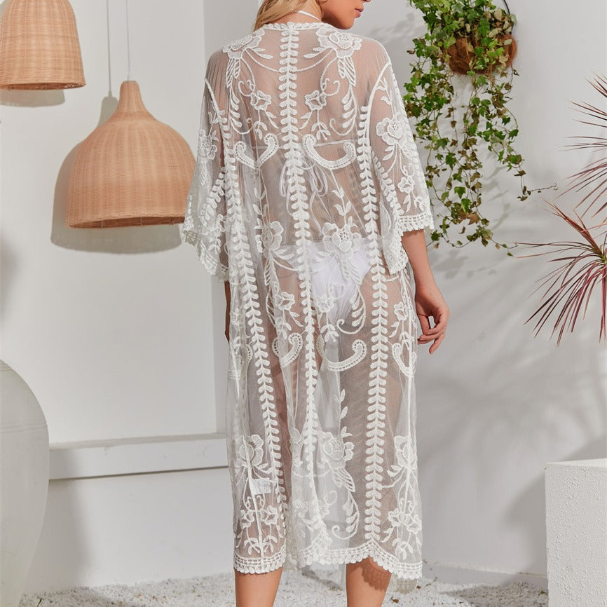 Women's beach kimono with floral embroidery and tie belt