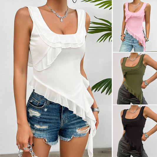 Women's sleeveless top with ruffle details and seductive square neckline WW