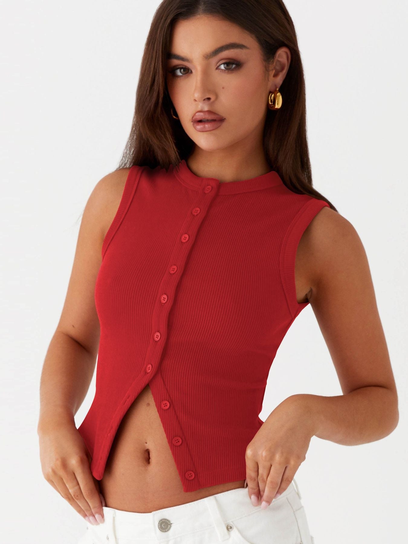 Women's sleeveless button-down shirt made of ribbed fabric with a modern cut WW