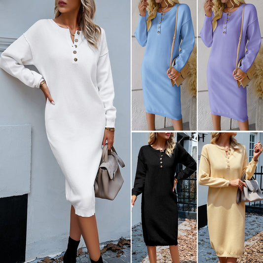 Women's button-front knit dress with loose fit WW