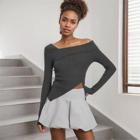 Women's asymmetric long-sleeved top with elegant wrap detail W&W