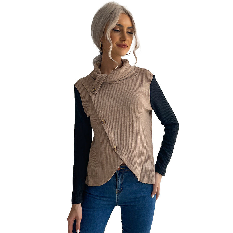 Women's asymmetric wrap top with high collar and decorative buttons WW