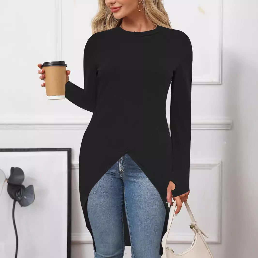 Women's asymmetric long tunic top with sophisticated wrap design WW