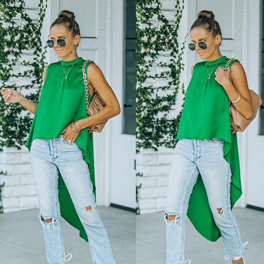 Women's asymmetric top with elegant draping effect and high collar WW