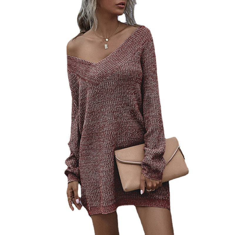 Women's knitted dress with deep V-neck and luxurious design WW