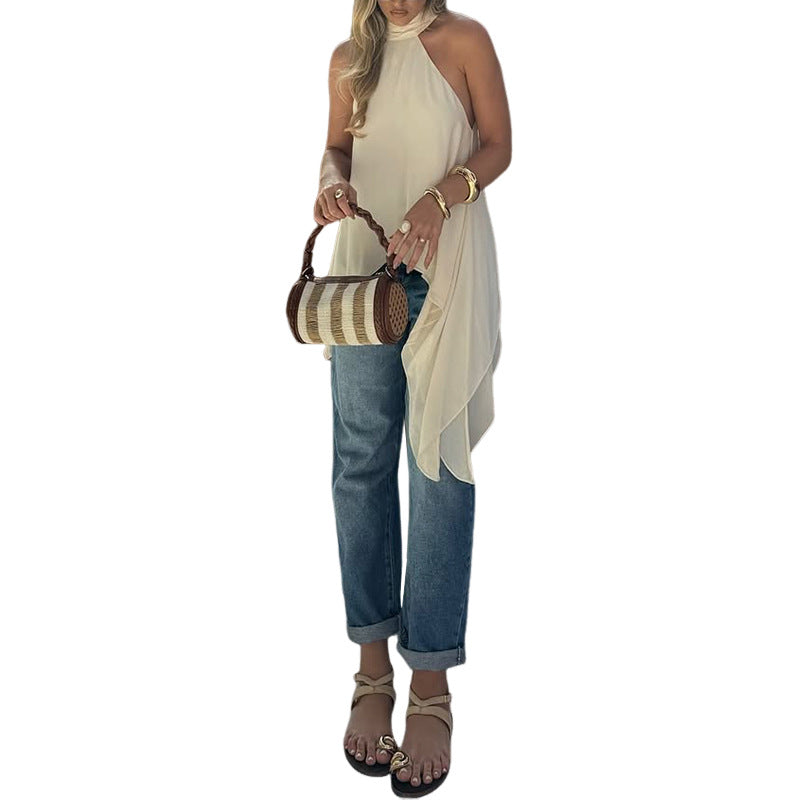 Women's asymmetric top with stand-up collar and flowing cut WW