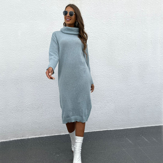Women's knitted dress with high collar and waist-hugging belt WW