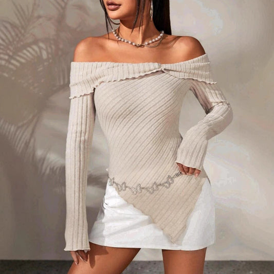 Women's off-the-shoulder ribbed knit top with asymmetric hem and decorative details WW