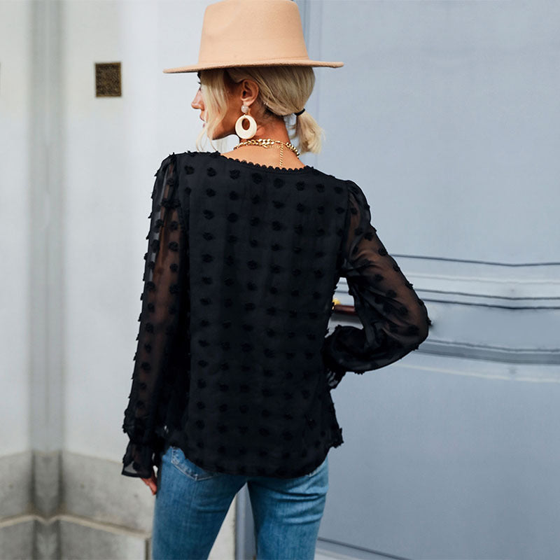 Women's blouse with openwork dots design and elegant puff sleeves WW