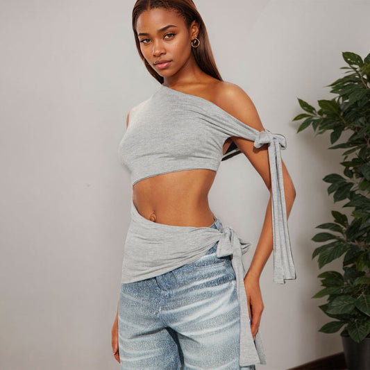 Women's asymmetrical crop top with fashionable wrap detail W&W