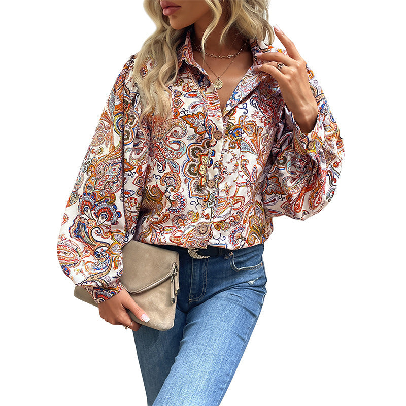 Women's blouse with striking paisley pattern and voluminous puff sleeves WW