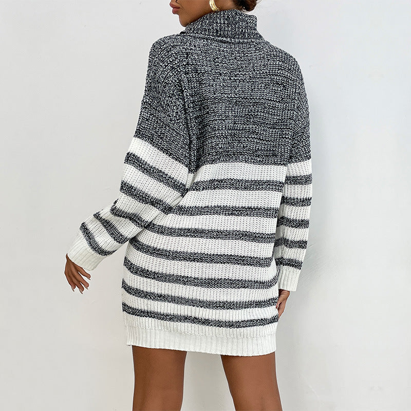 Women's knitted dress with high collar and striped design WW