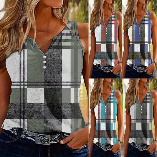 Women's sleeveless checked top with decorative buttons WW