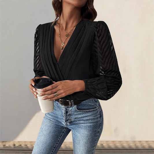 Women's blouse with elegant wrap design and transparent sleeves WW