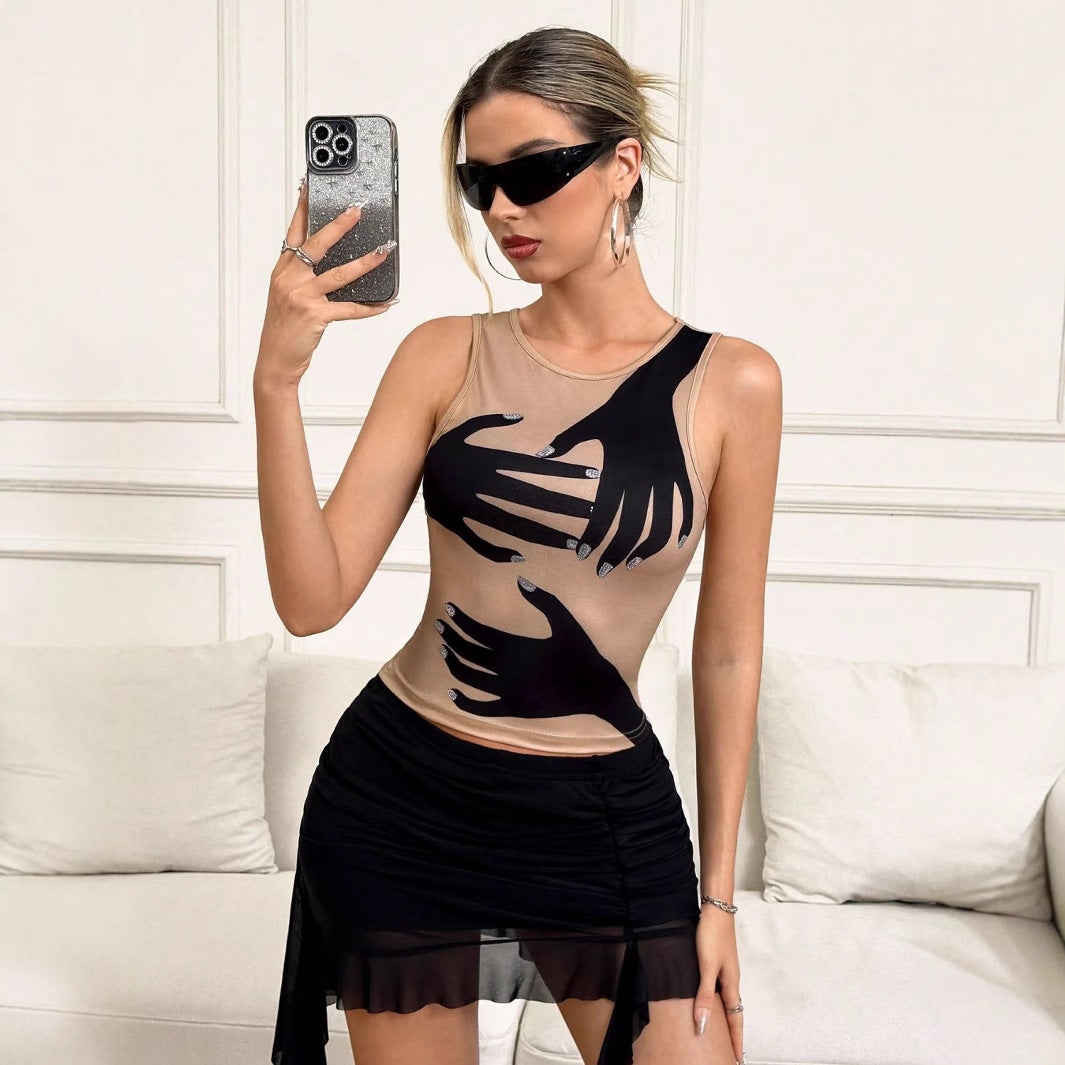 Women's sleeveless top with artistic glove pattern WW