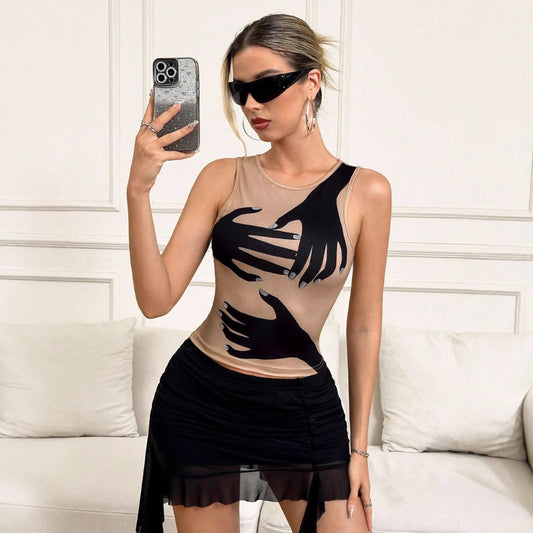 Women's sleeveless top with artistic glove pattern WW