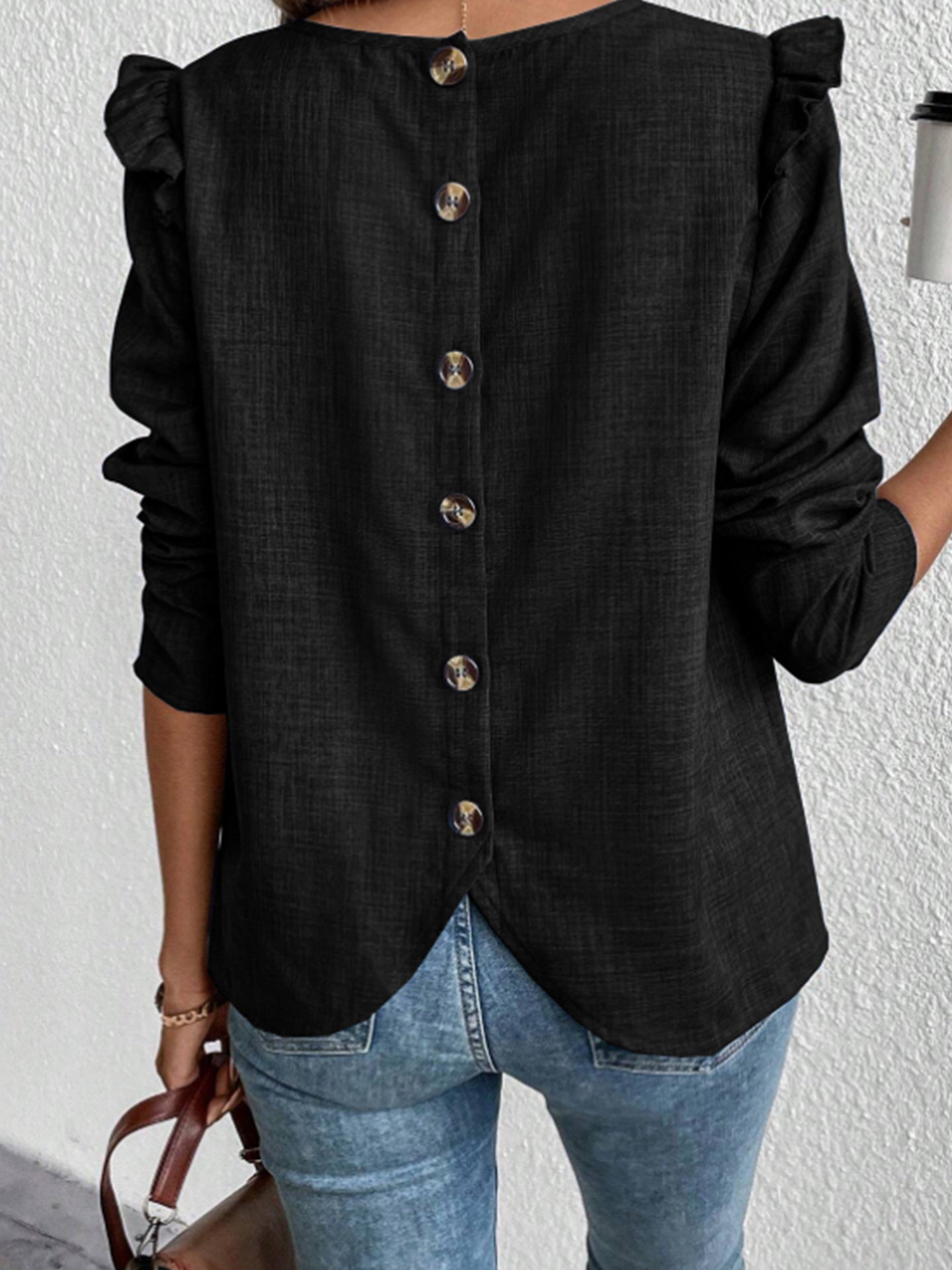 Women's blouse with decorative ruffled sleeves and elegant button placket WW