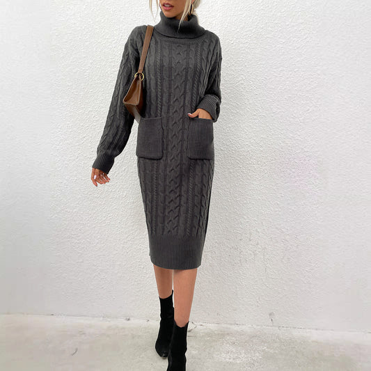 Women's knitted dress with colorful cable pattern and practical pockets WW