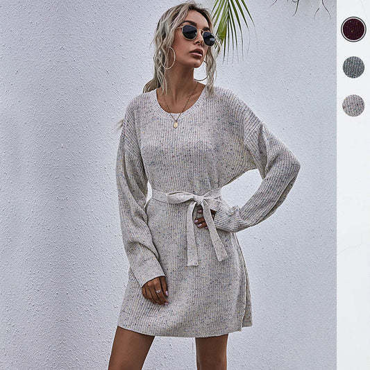 Women's knitted dress with waist belt and wide sleeves WW