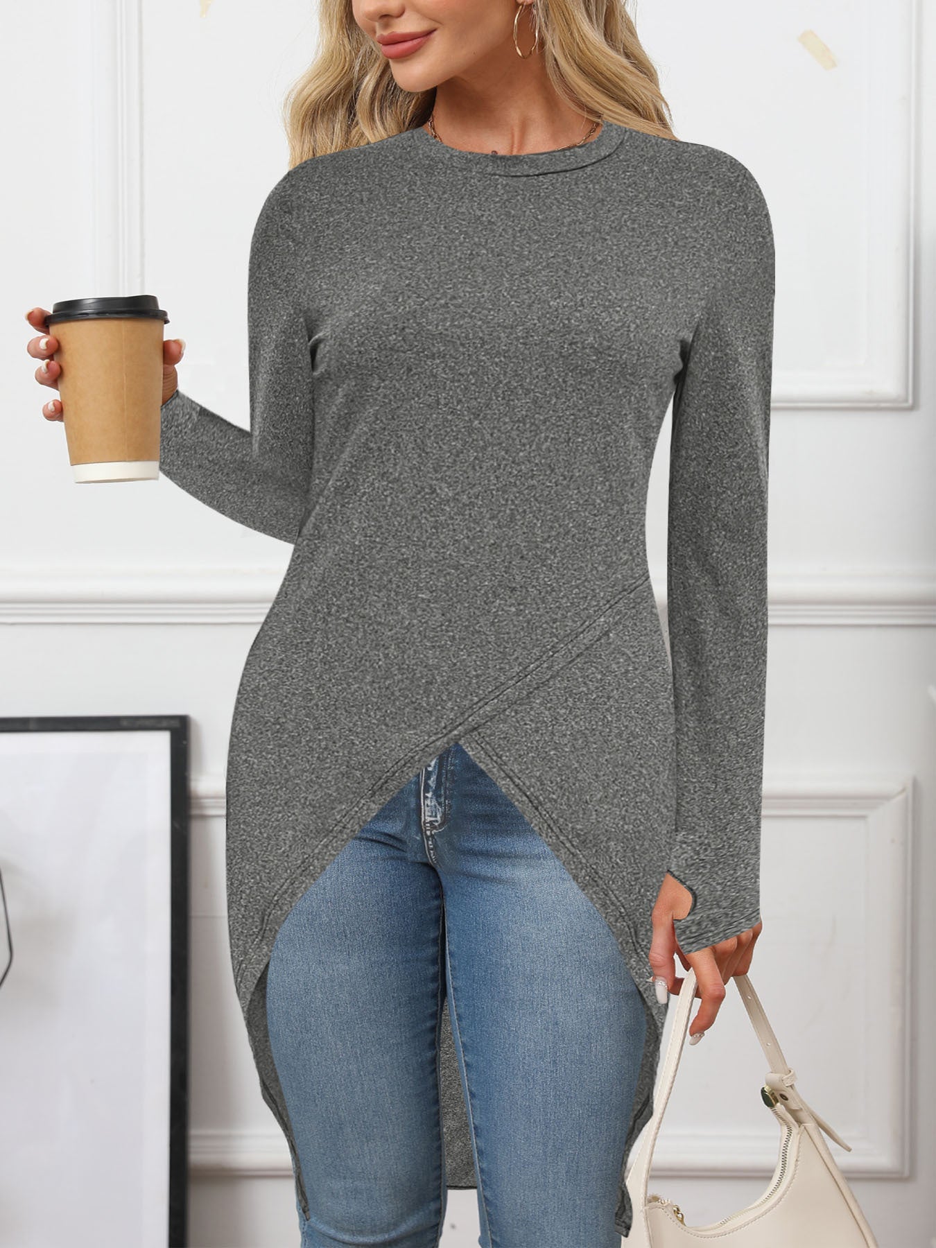 Women's asymmetric long tunic top with sophisticated wrap design WW