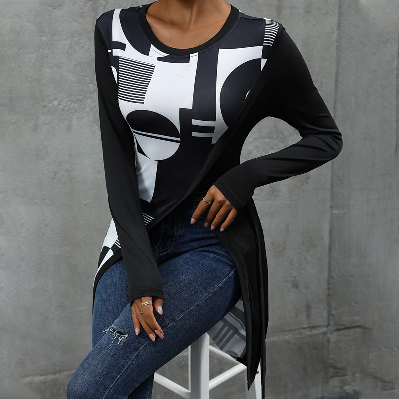 Women's asymmetric long-sleeved shirt with graphic print and fashionable knot WW