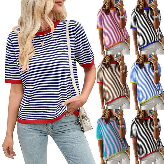Women's comfortable striped leisure blouse with contrast collar WW