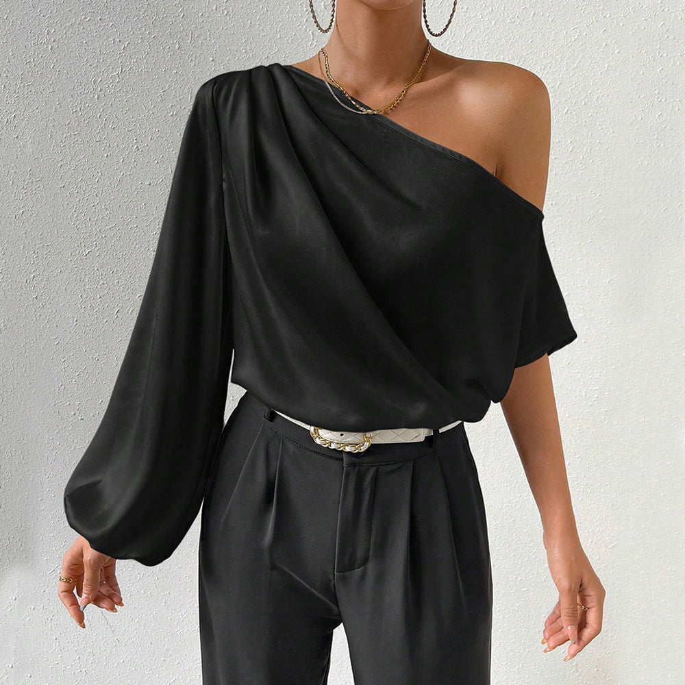 Women's asymmetric top with elegant puff sleeves and ruffles W&W