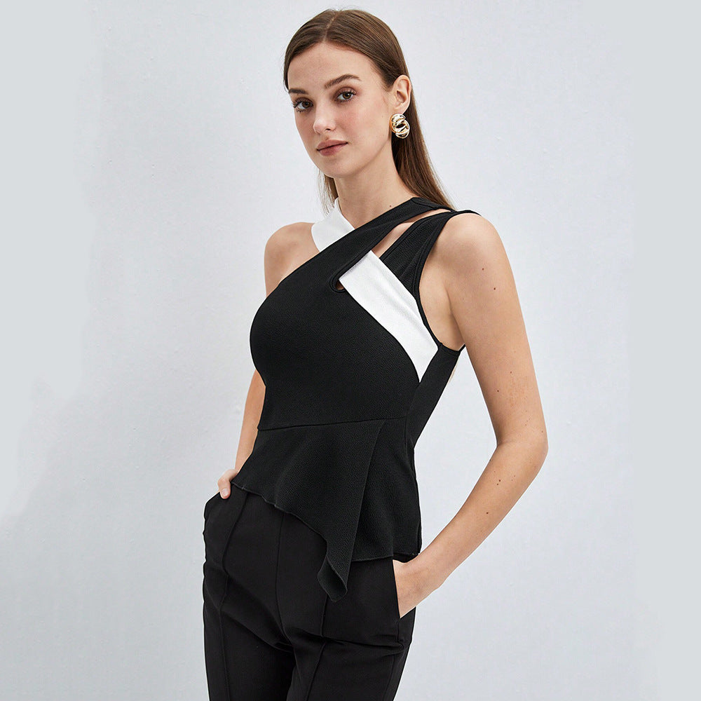 Women's asymmetric top with creative wrap design and fashionable ruffle details W&W