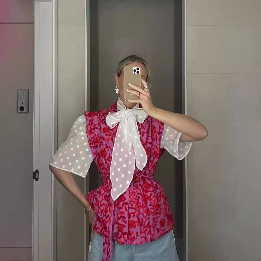 Women's kimono vest with floral pattern and tie waist belt