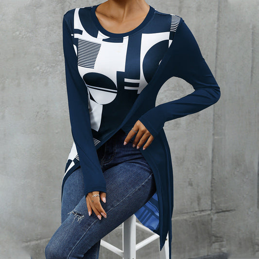 Women's asymmetric long-sleeved shirt with graphic print and fashionable knot WW
