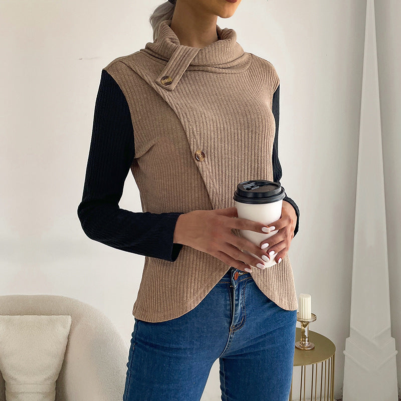 Women's asymmetric wrap top with high collar and decorative buttons WW