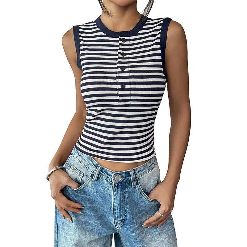 Women's sleeveless button-front top with modern stripes WW