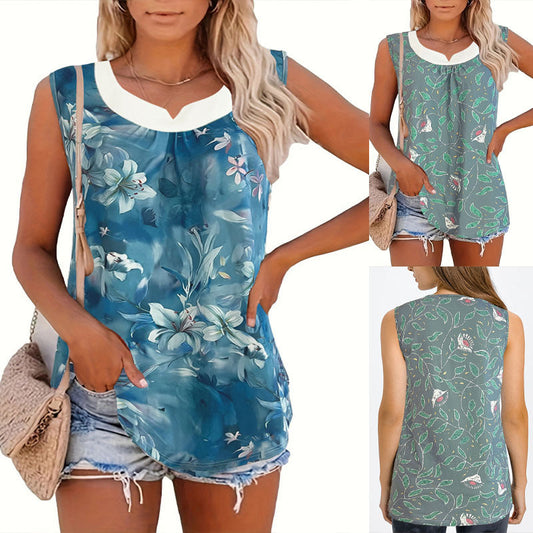 Women's sleeveless top with floral pattern and decorative collar WW