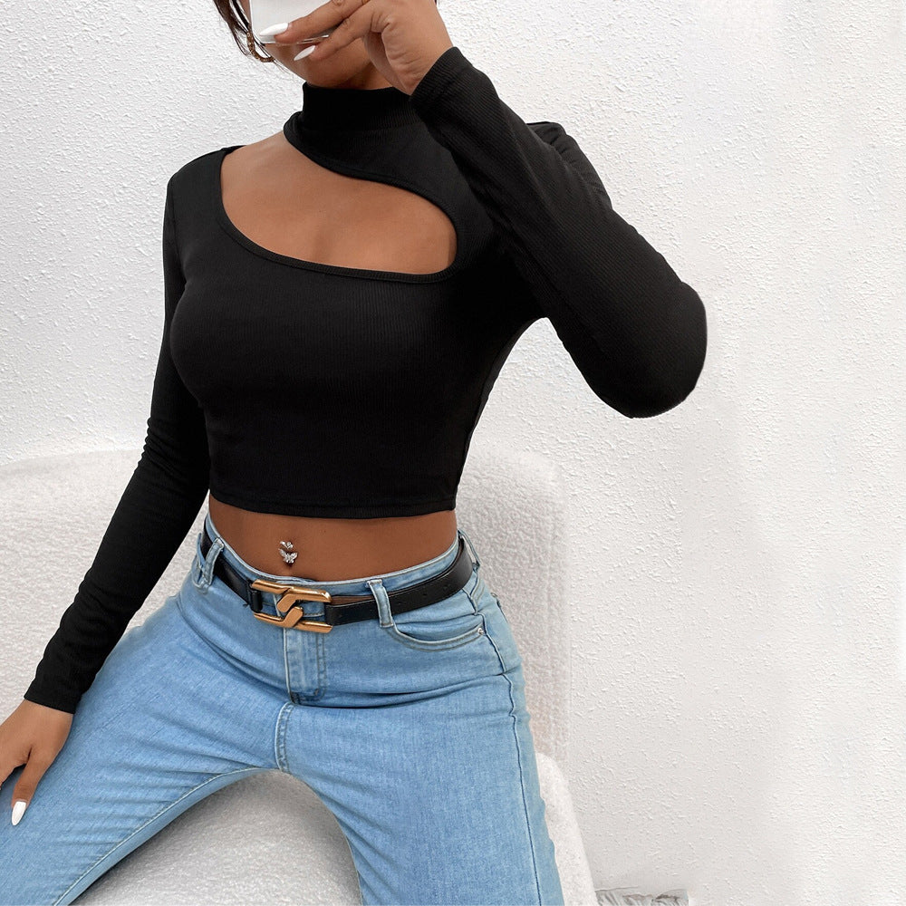 Women's asymmetric long-sleeved crop top with creative cut-out design W&W