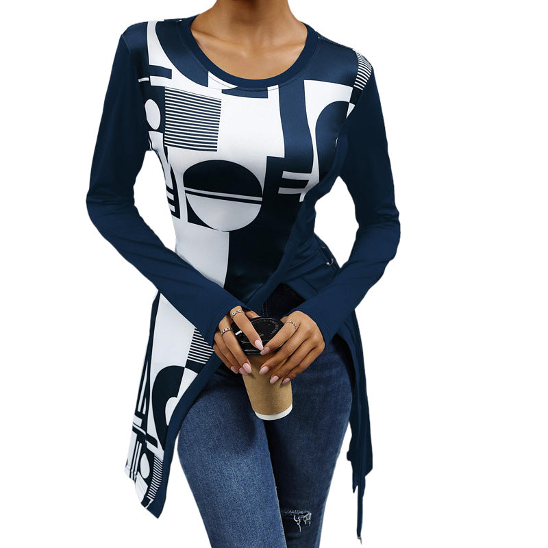 Women's asymmetric long-sleeved shirt with graphic print and fashionable knot WW