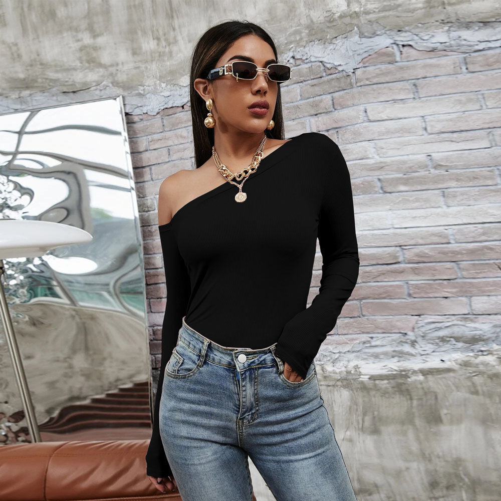 Women's asymmetric long-sleeved shirt with elegant ribbed structure W&W