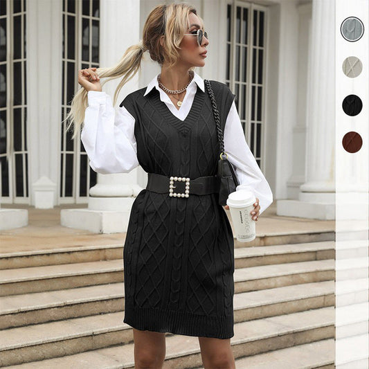 Women's knitted dress in a casual oversized style with ribbed structure and elegant V-neck WW