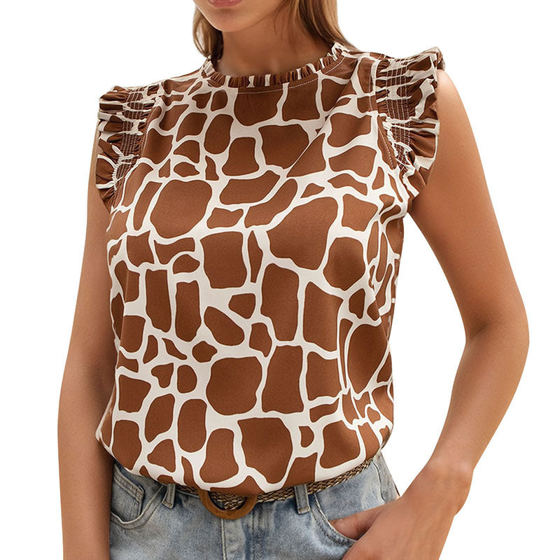 Women's sleeveless top with modern giraffe print and stylish ruffle details WW