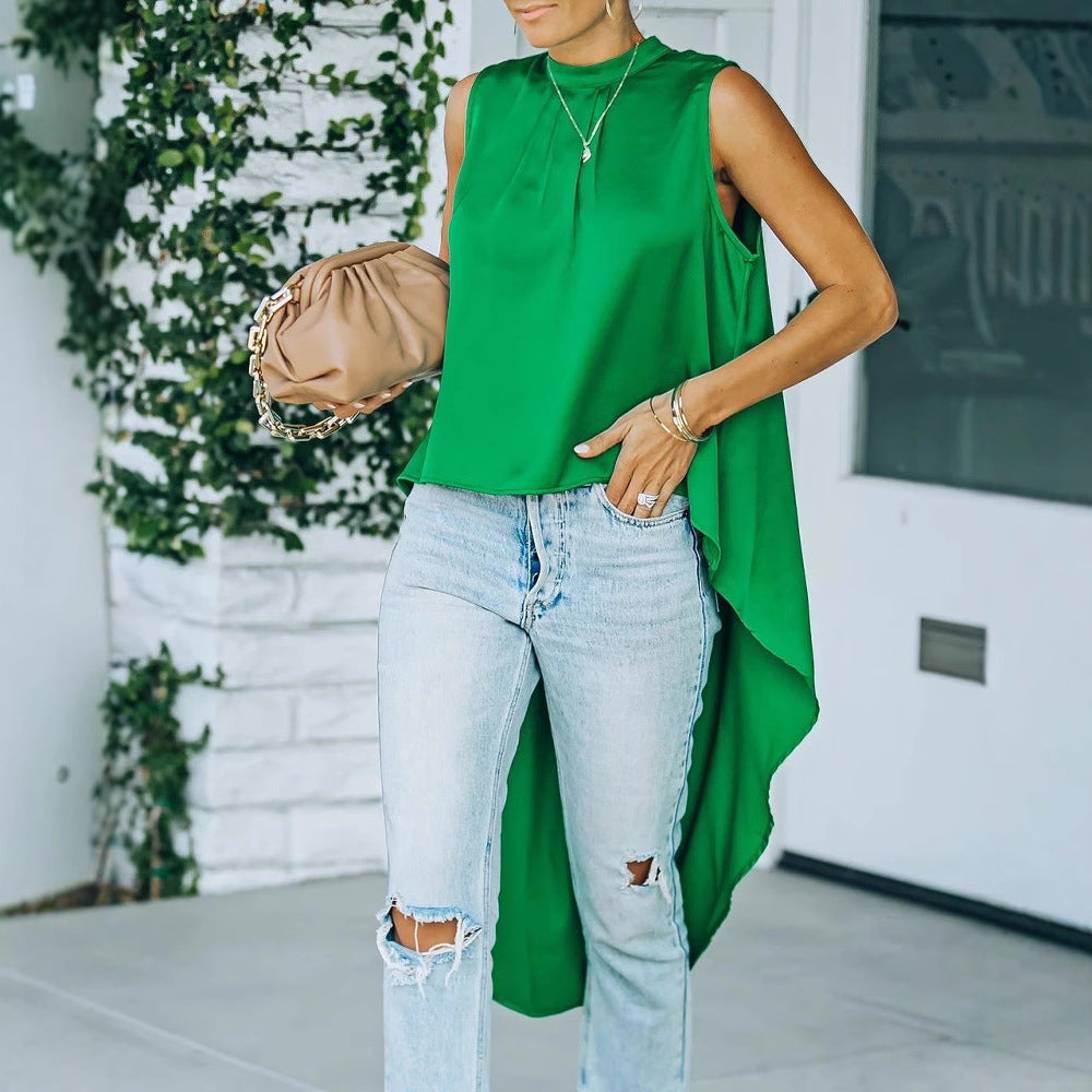 Women's asymmetric top with elegant draping effect and high collar WW
