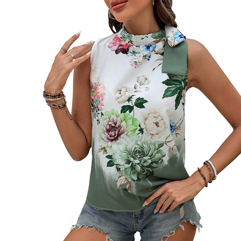 Women's sleeveless top with floral silk fabric and elegant stand-up collar WW