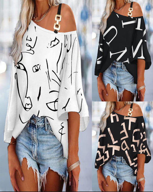 Women's asymmetric top with modern pattern mix and trendy shoulder design WW