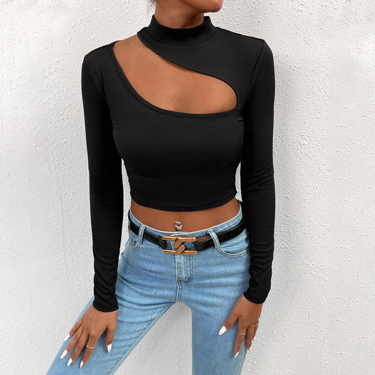 Women's asymmetric long-sleeved crop top with creative cut-out design W&W