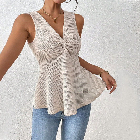 Women's sleeveless top with playful knot and elegant V-neck W&W